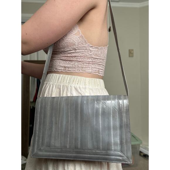 Gorgeous Vintage Eel Leather Muted Gray Blue Rectangle Shoulder Bag Classic - Picture 1 of 7